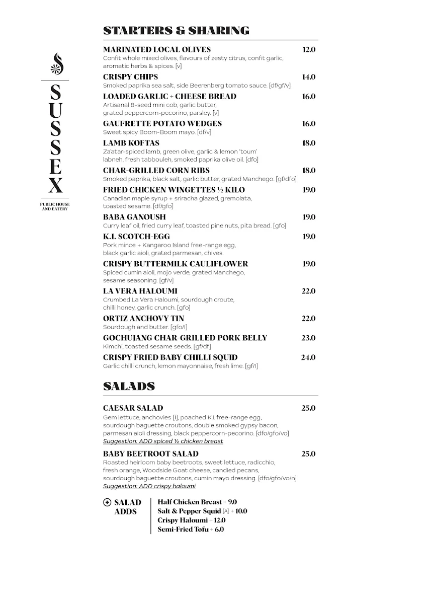 Menu, Sussex Hotel