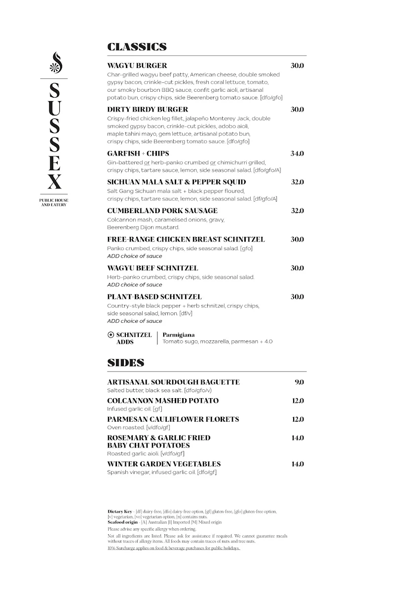 Menu, Sussex Hotel