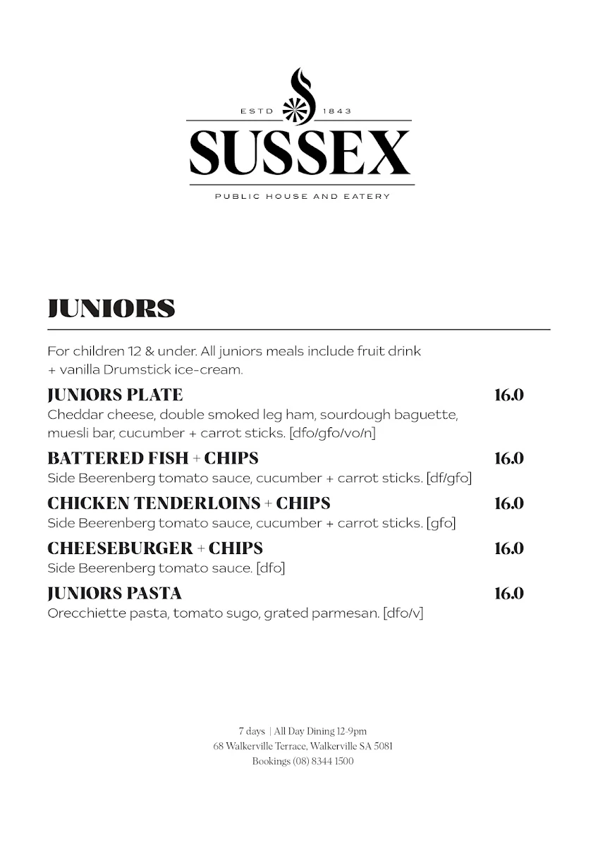 Menu, Sussex Hotel