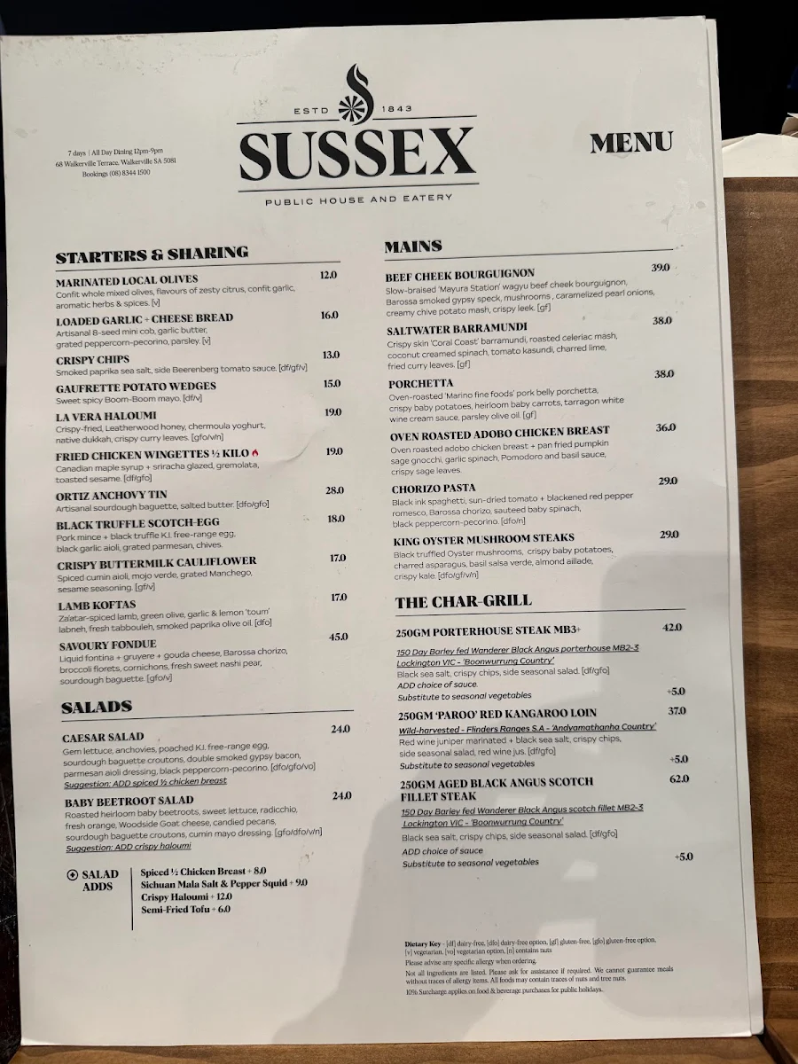 Menu, Sussex Hotel