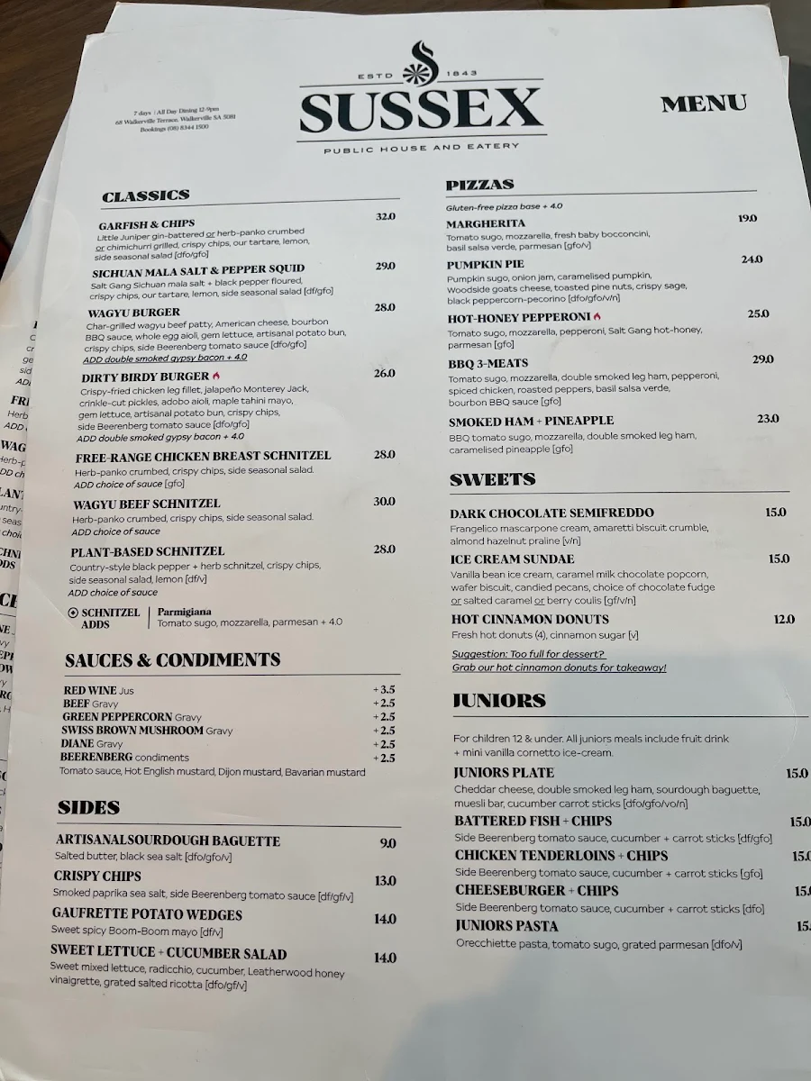 Menu, Sussex Hotel