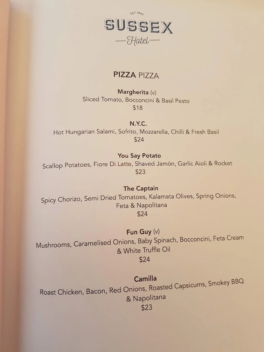 Menu, Sussex Hotel