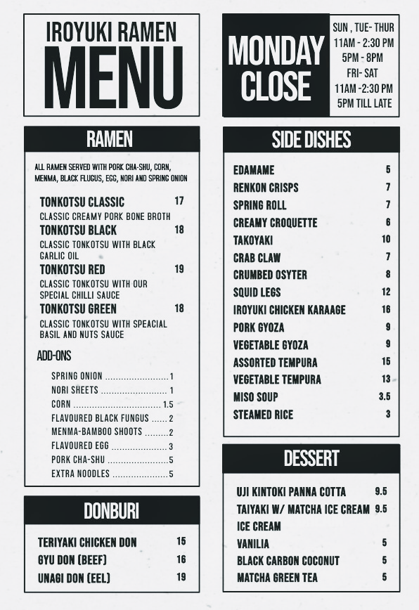 Menu, Iroyuki Ramen Bar