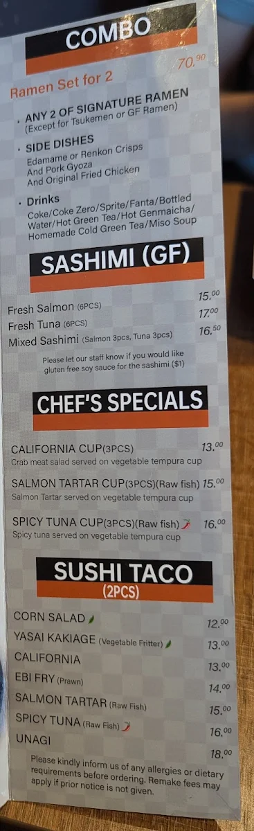 Menu, Iroyuki Ramen Bar