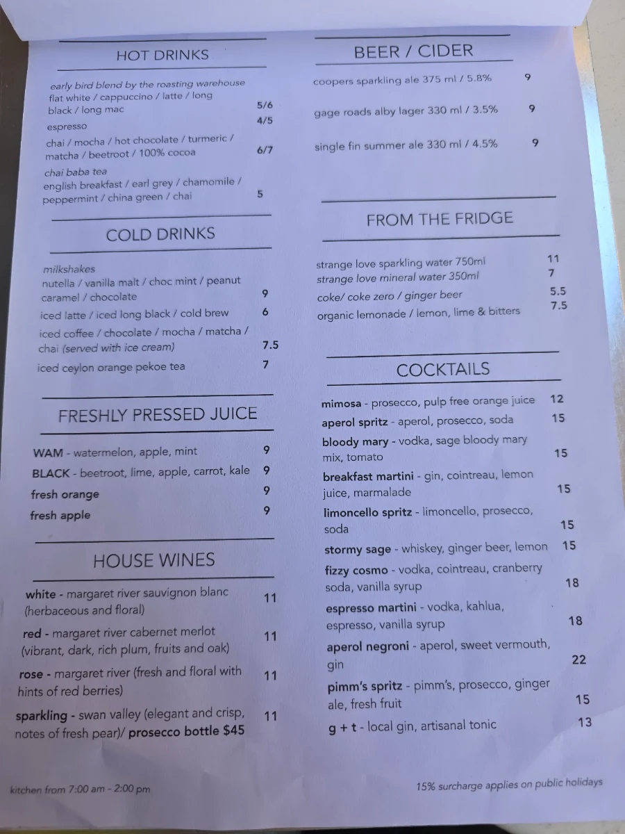 Menu, Sage Cafe
