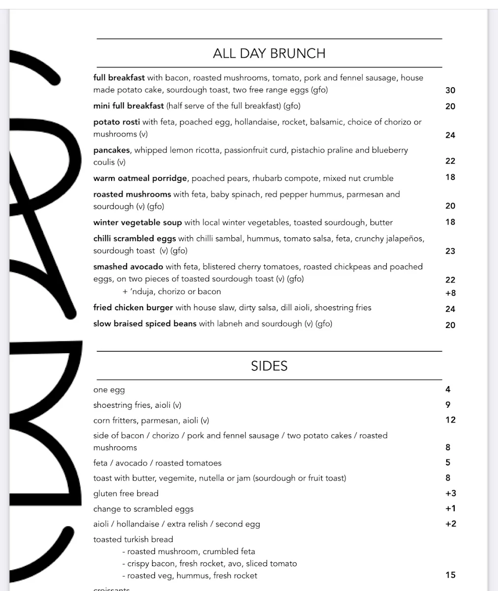 Menu, Sage Cafe