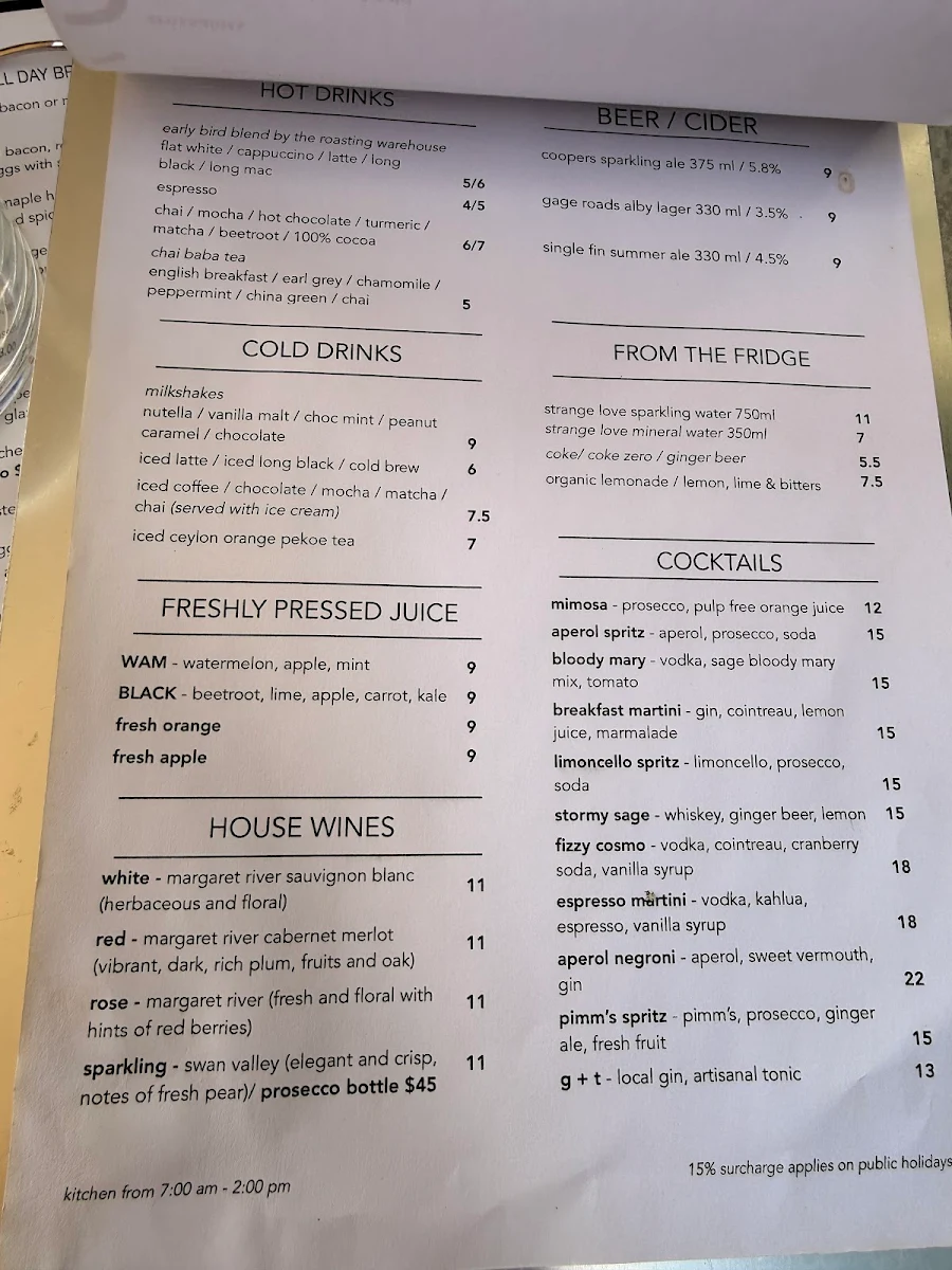 Menu, Sage Cafe