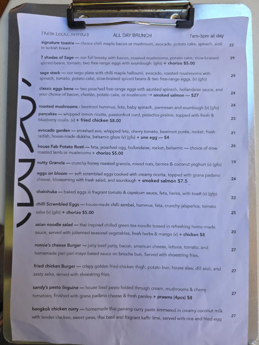 Menu, Sage Cafe