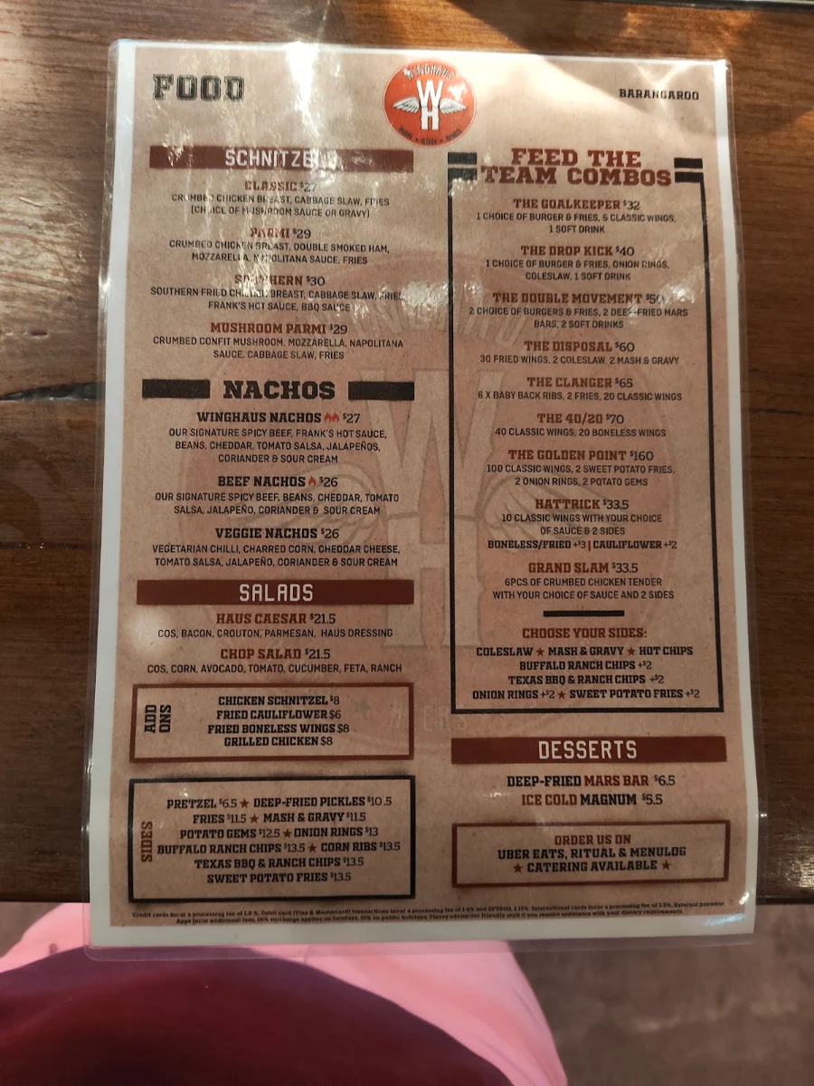 Menu, Winghaus Barangaroo