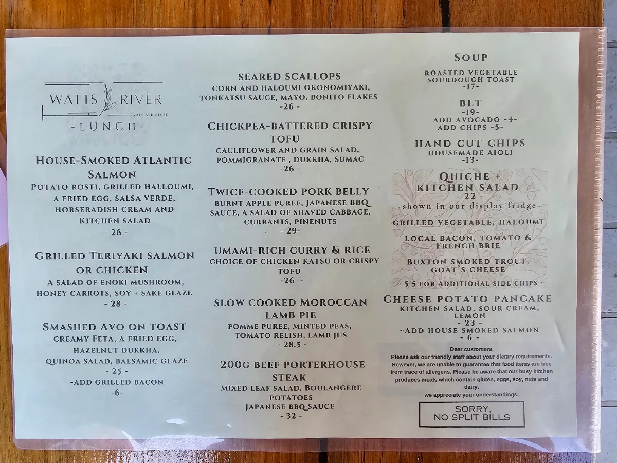 Menu, Watts River Cafe and Store