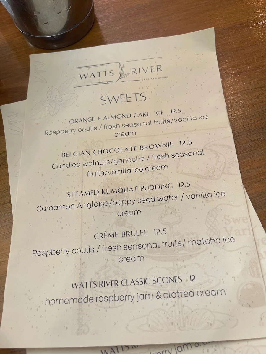 Menu, Watts River Cafe and Store