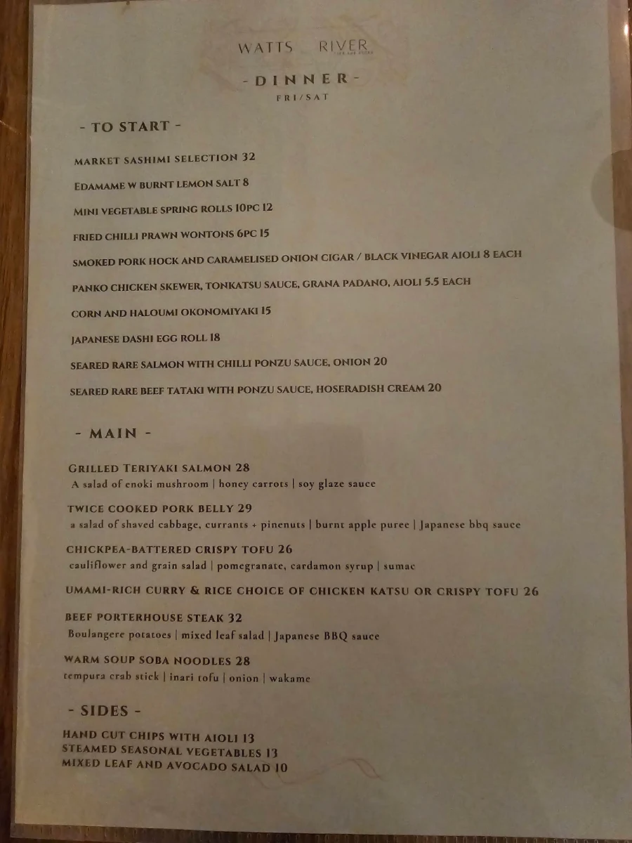 Menu, Watts River Cafe and Store