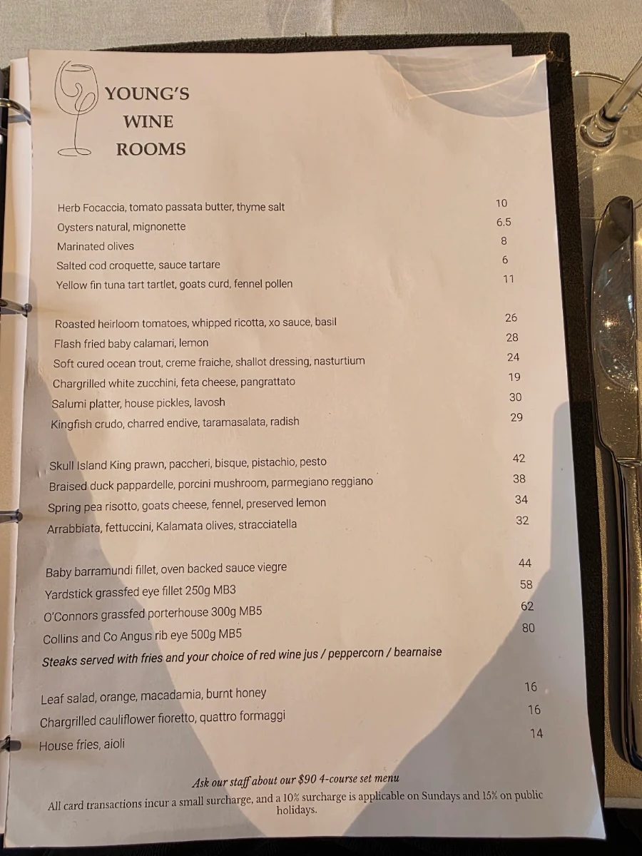 Menu, Young’s Wine Rooms