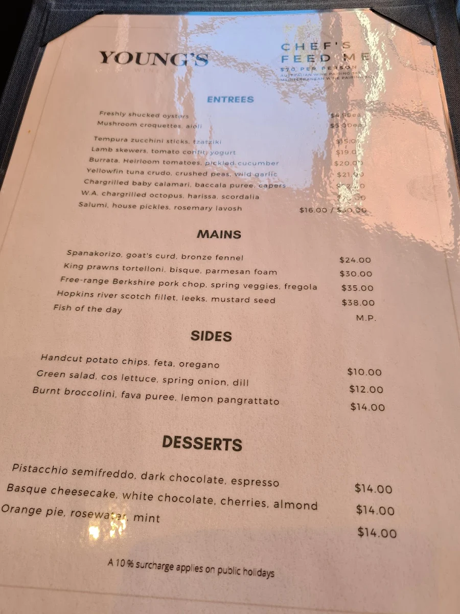 Menu, Young’s Wine Rooms