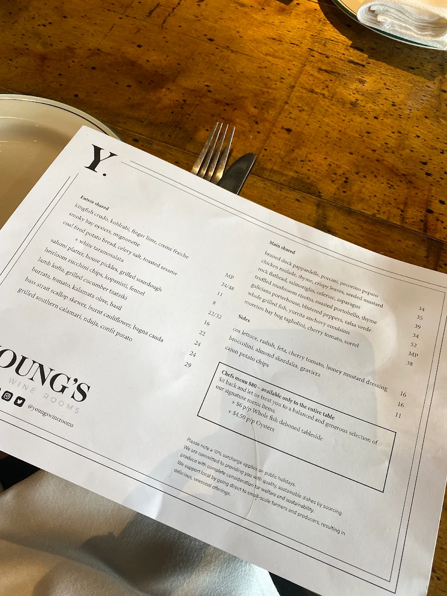 Menu, Young’s Wine Rooms