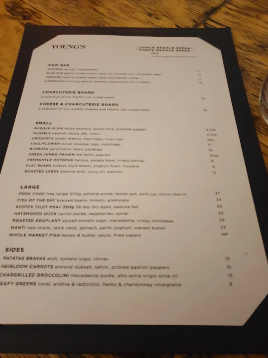 Menu, Young’s Wine Rooms