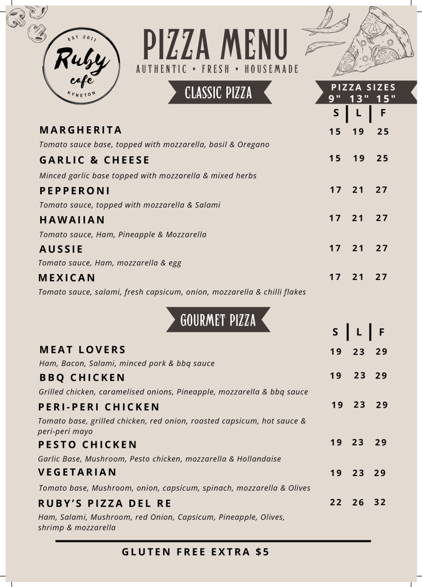 Menu, Ruby Cafe
