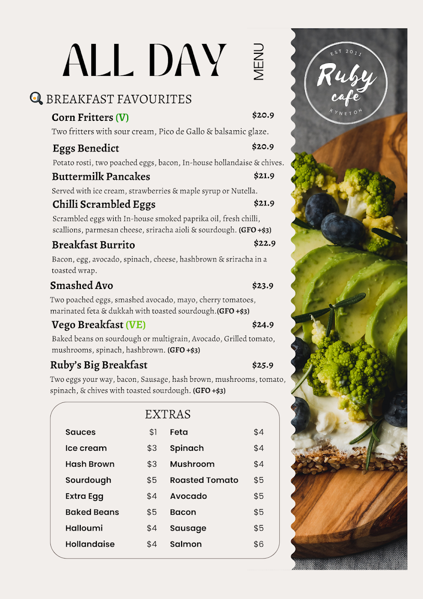 Menu, Ruby Cafe