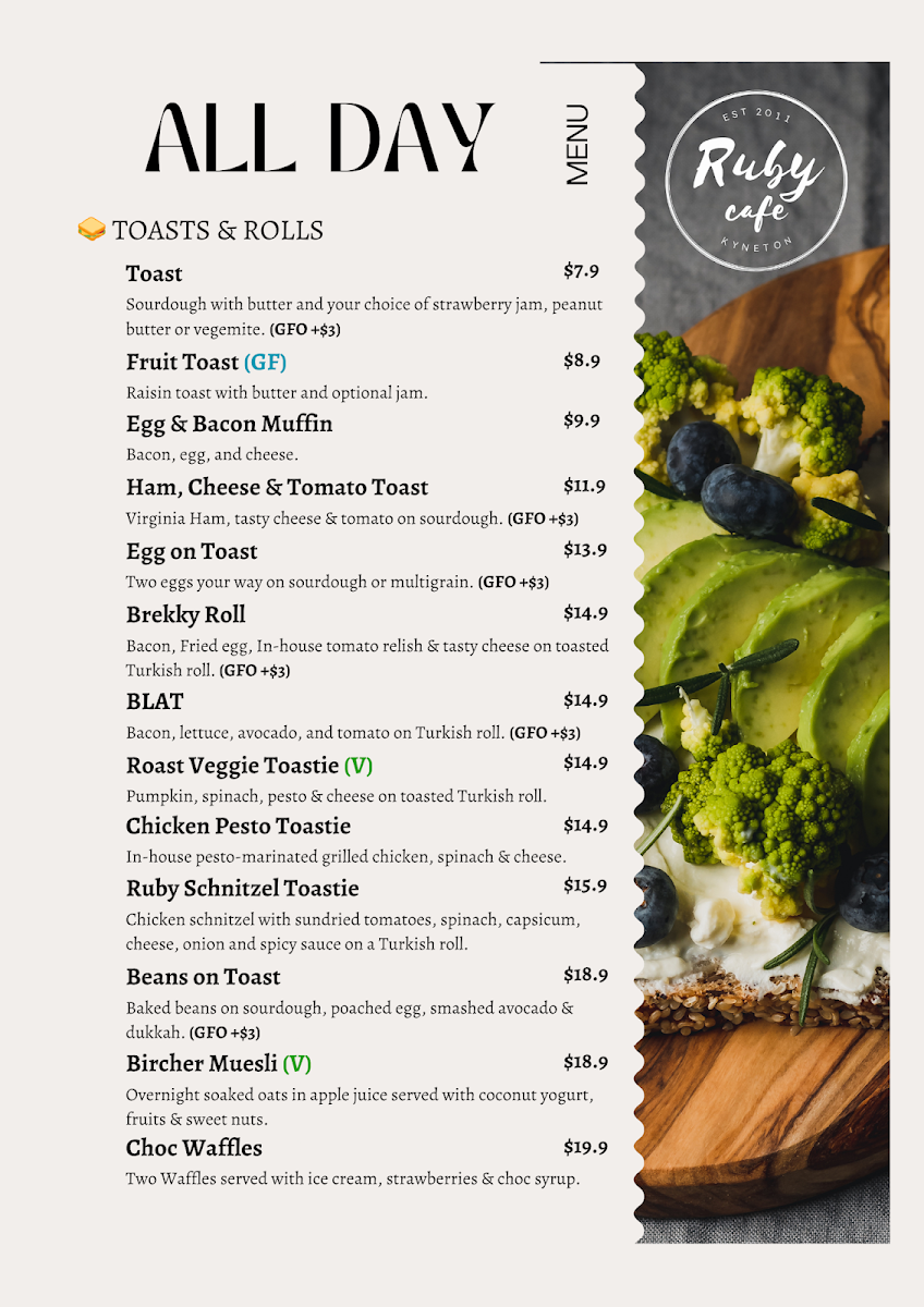 Menu, Ruby Cafe