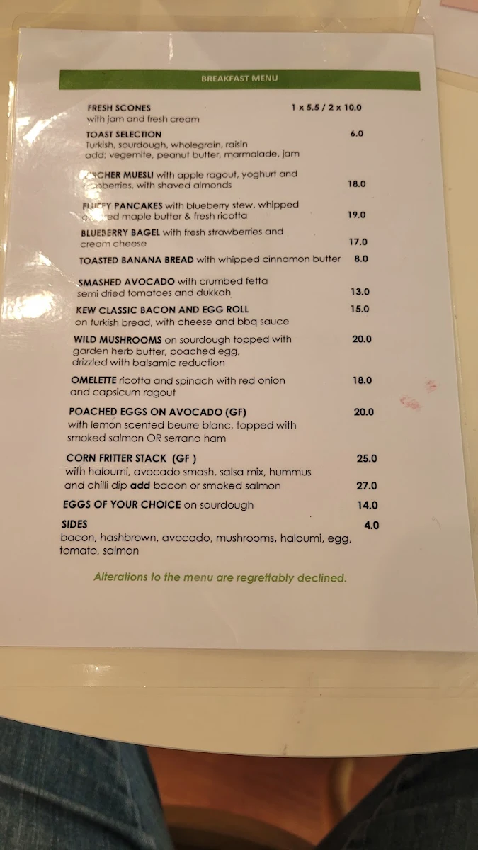 Menu, Kew Dining