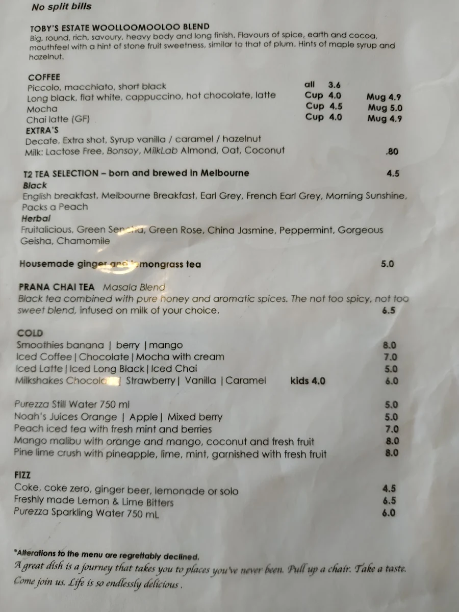 Menu, Kew Dining