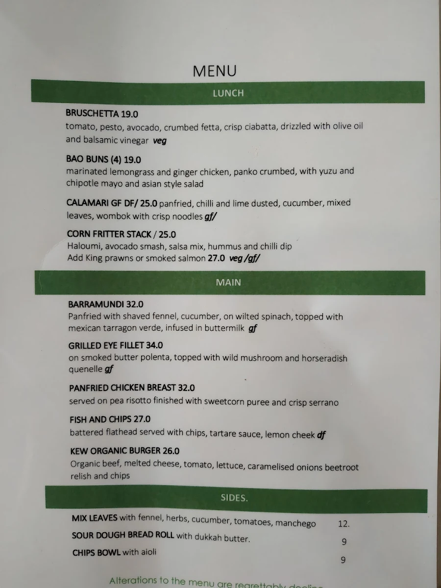 Menu, Kew Dining