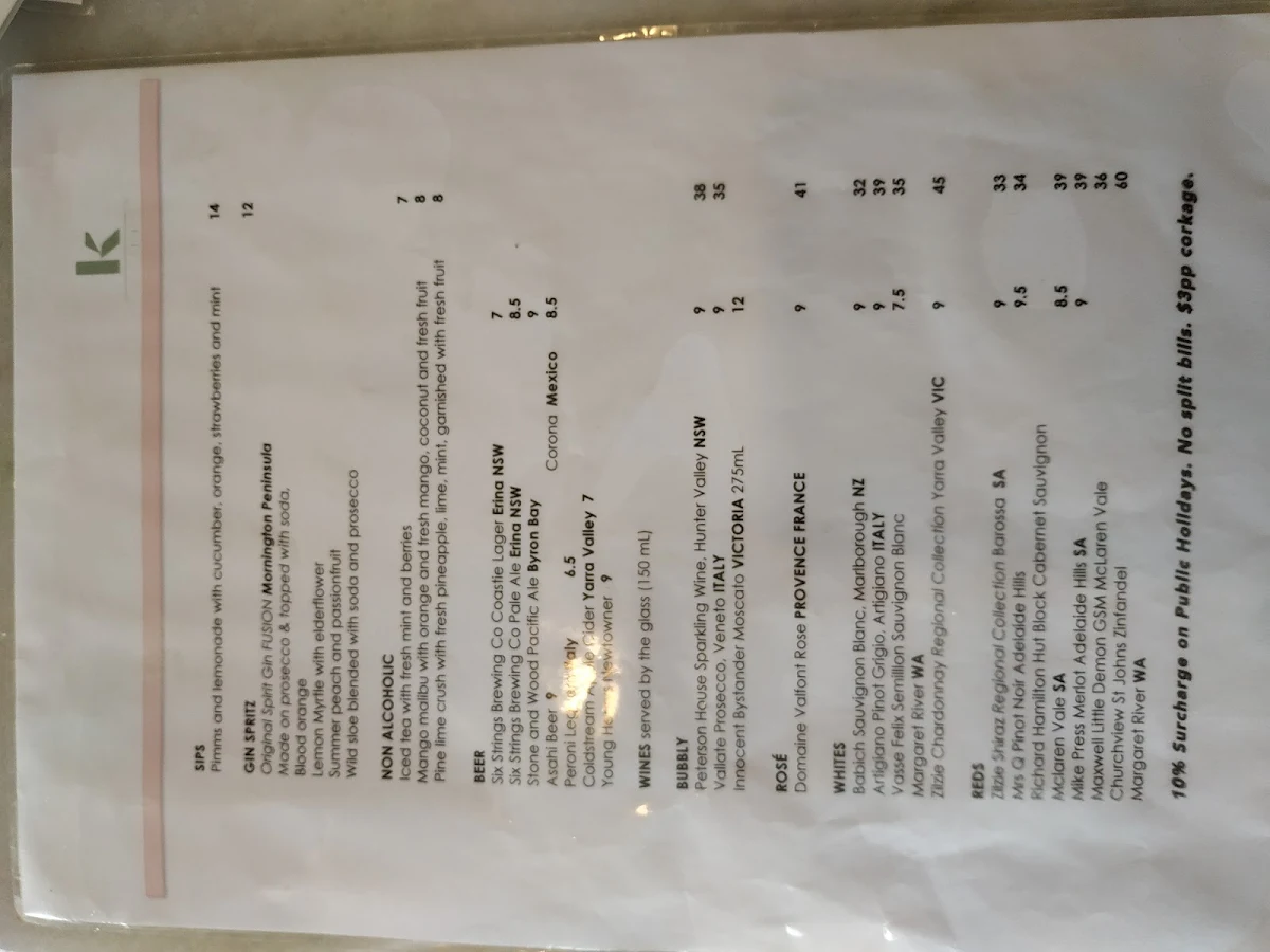 Menu, Kew Dining