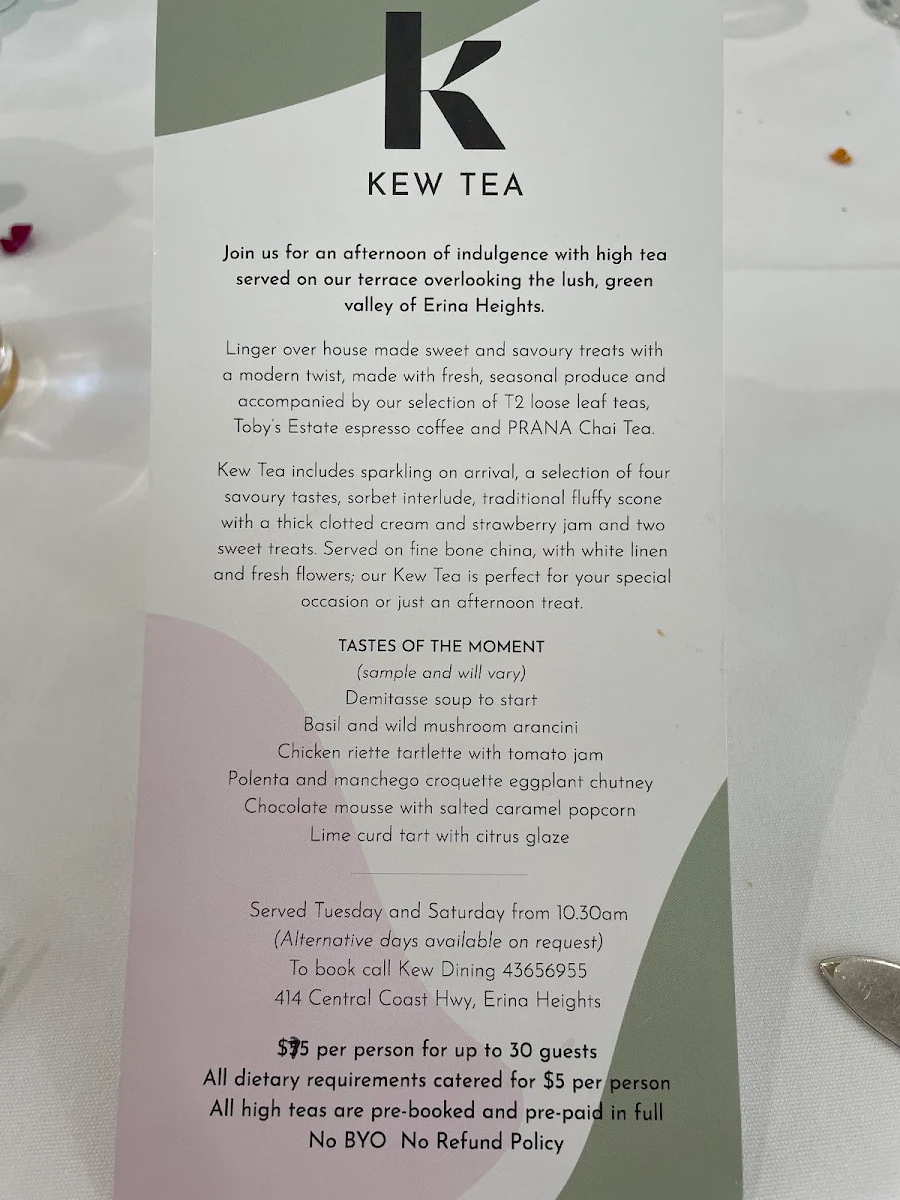 Menu, Kew Dining
