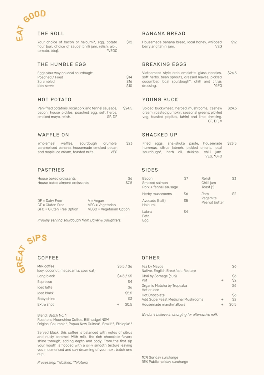 Menu, BK’s Brunswick Heads