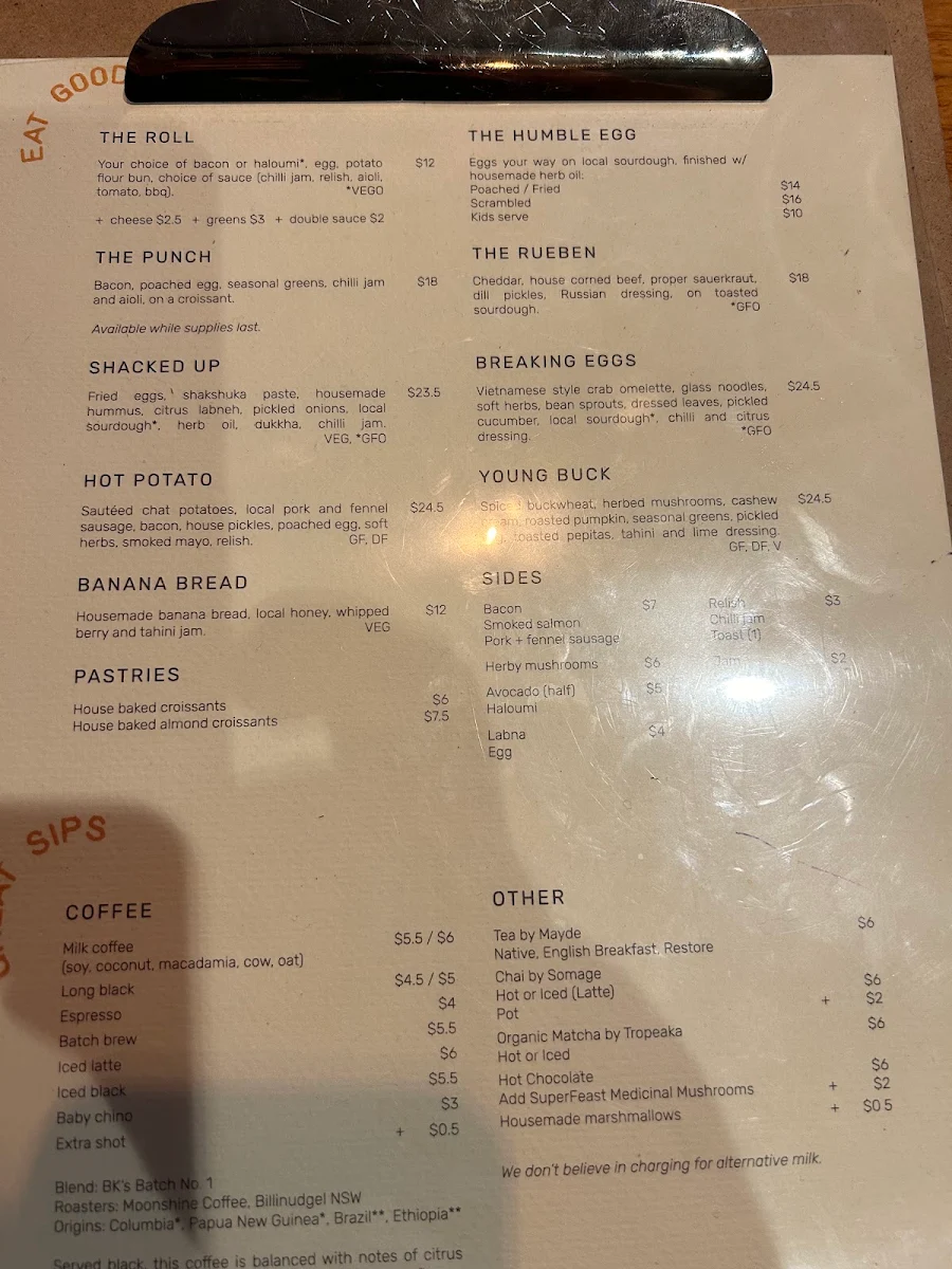 Menu, BK’s Brunswick Heads