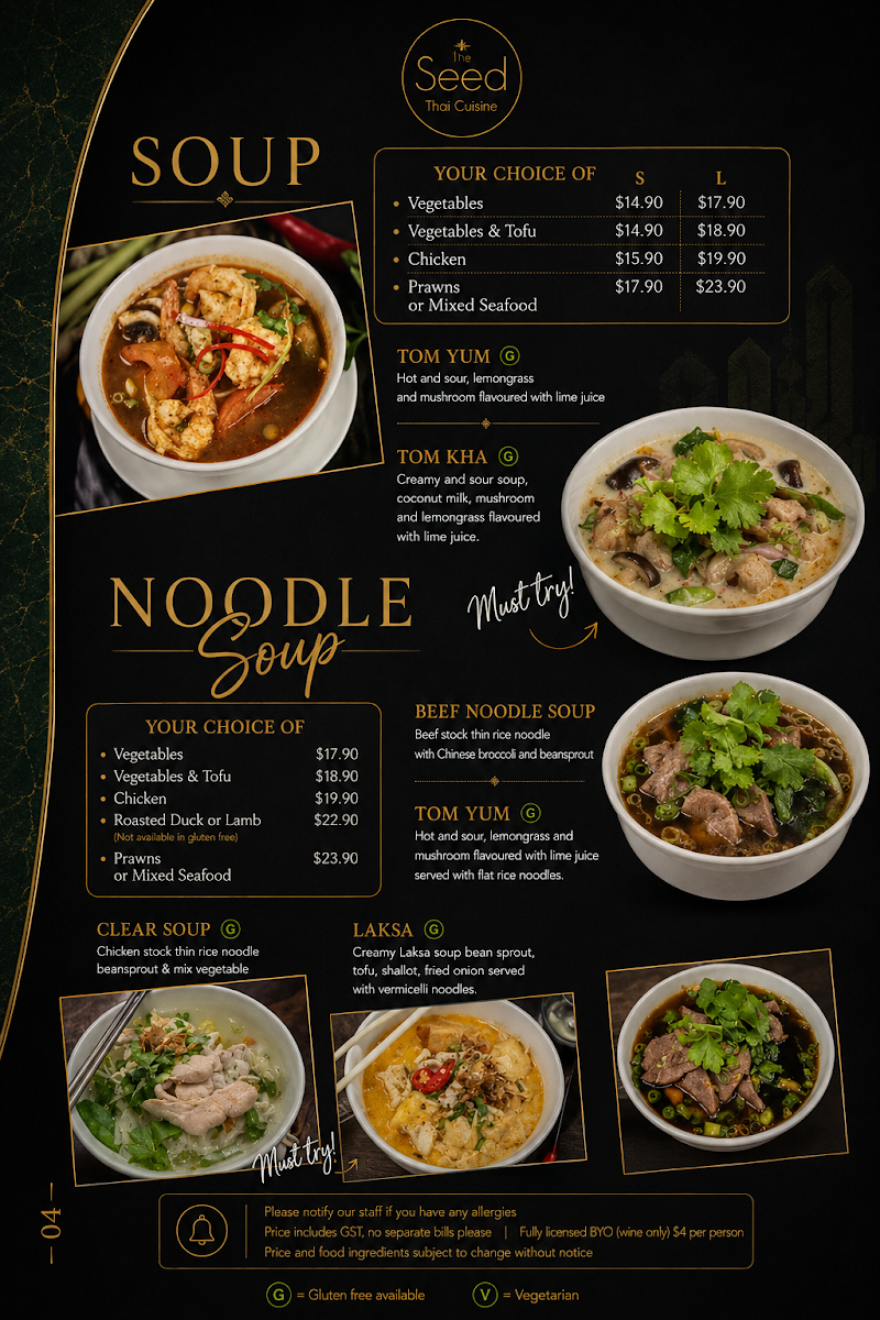 Menu, The Seed Thai