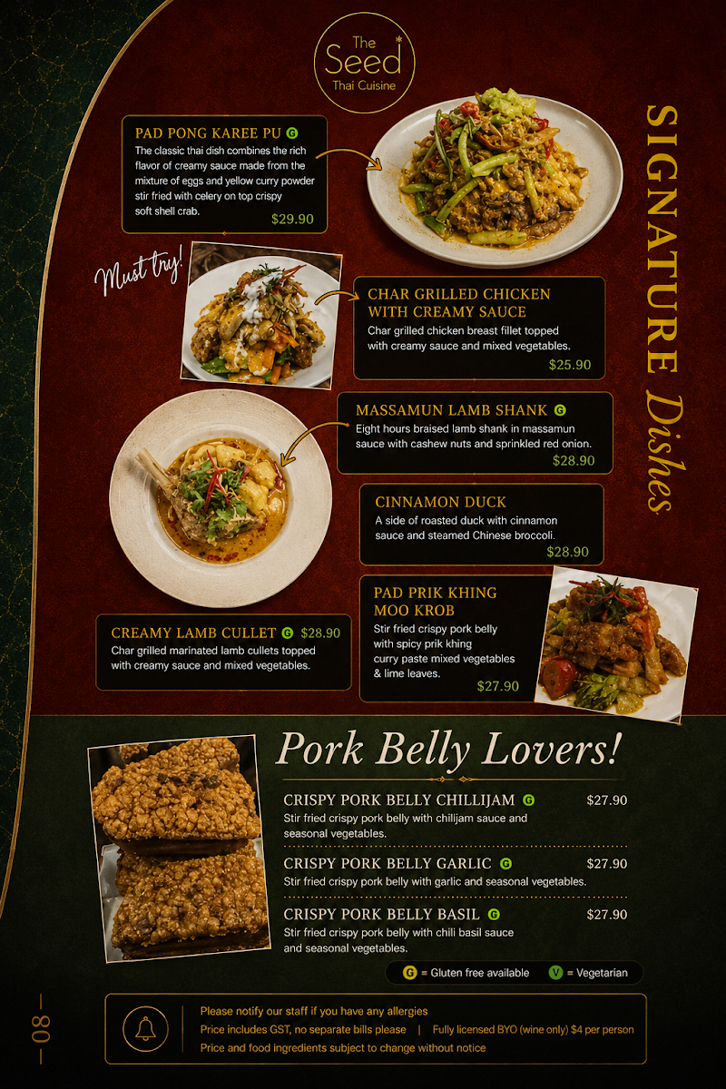 Menu, The Seed Thai