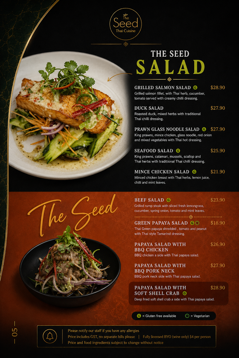 Menu, The Seed Thai