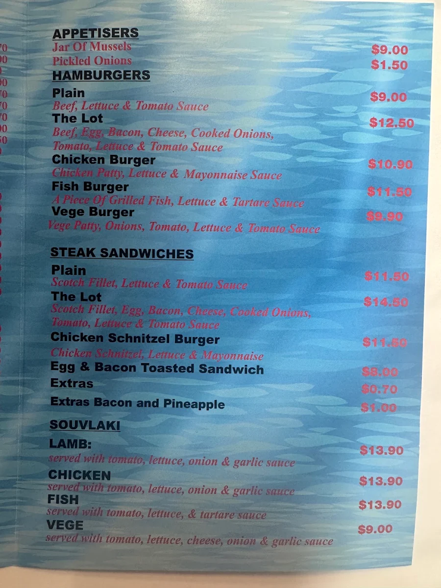 Menu, Dinah Parade Fish & Chippery