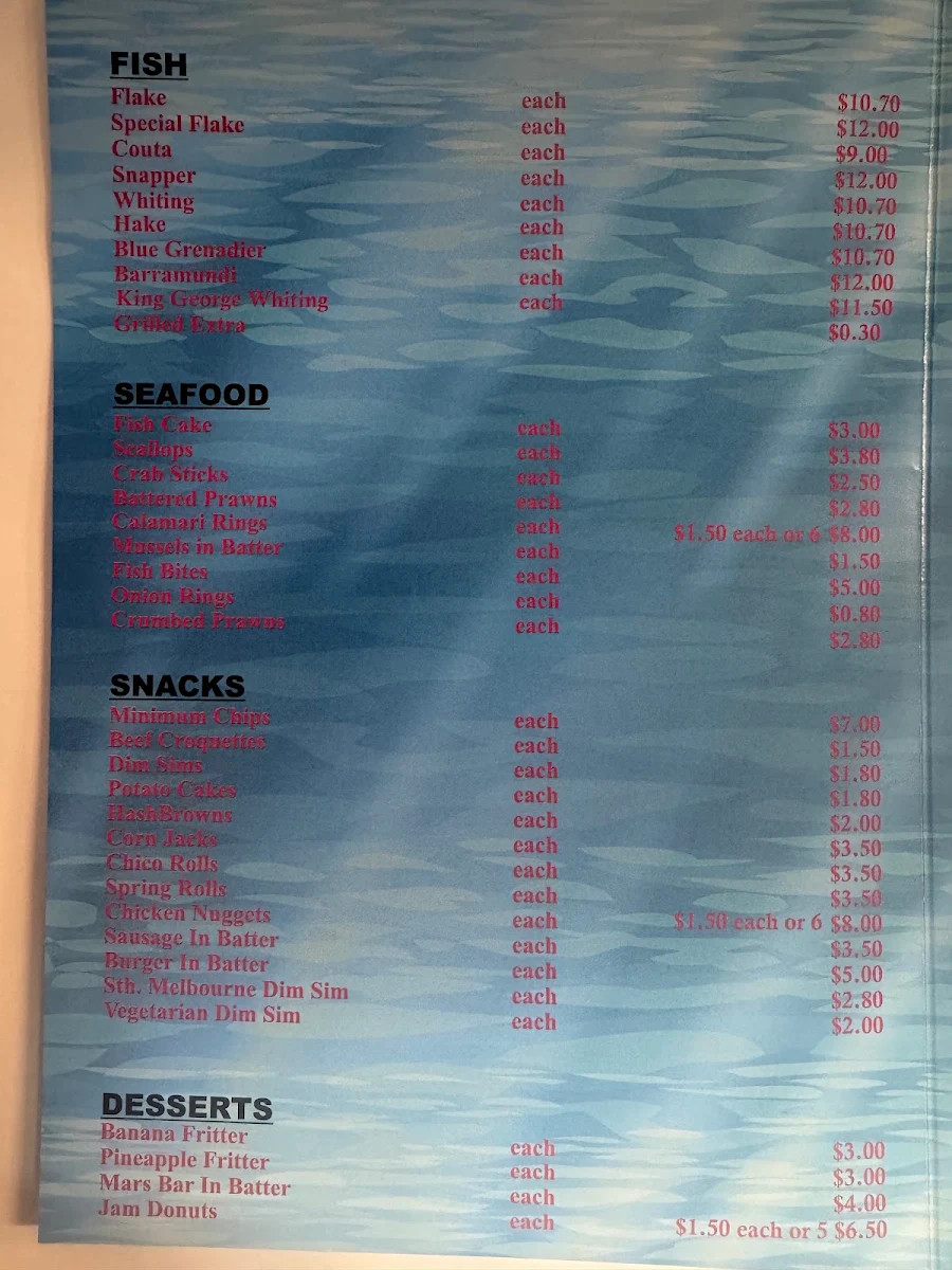 Menu, Dinah Parade Fish & Chippery