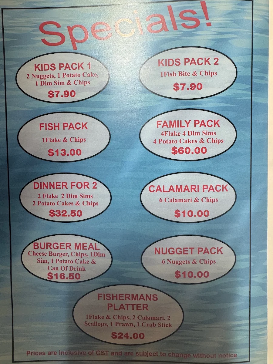Menu, Dinah Parade Fish & Chippery