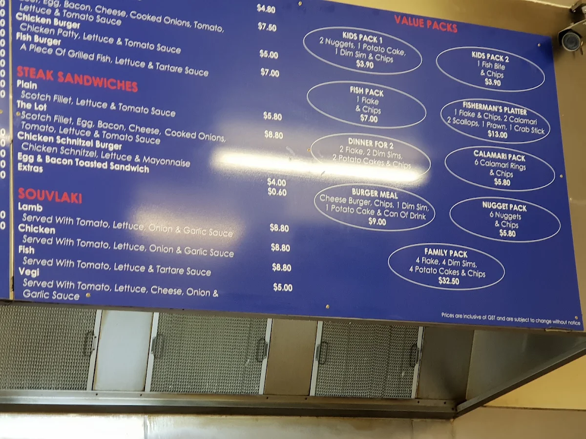Menu, Dinah Parade Fish & Chippery