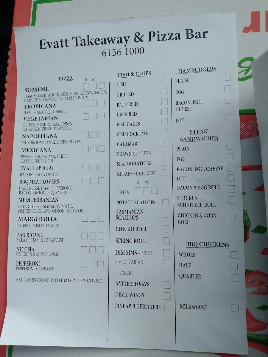 Menu, Evatt Takeaway & Pizza Bar