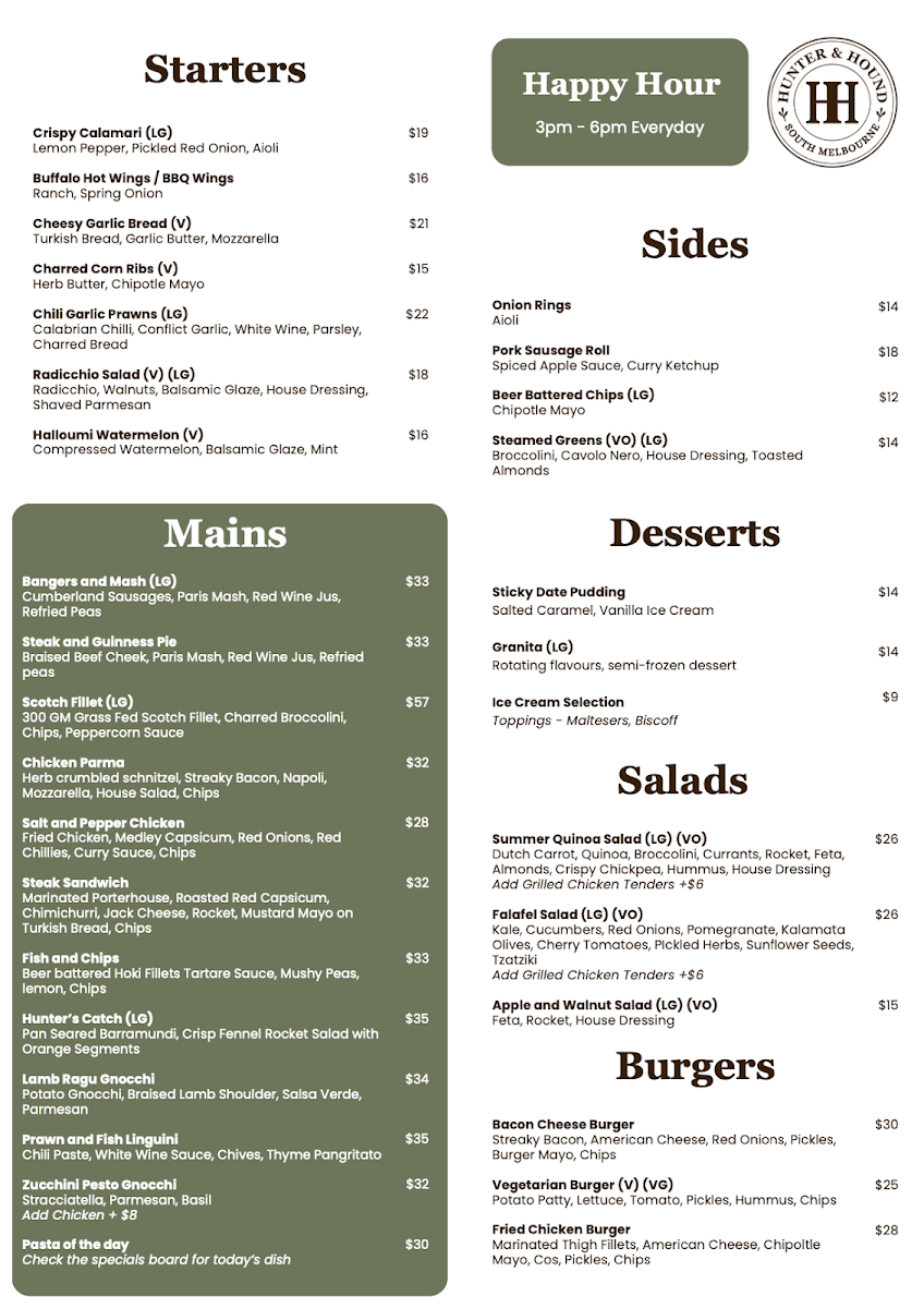 Menu, Hunter and Hound Pub