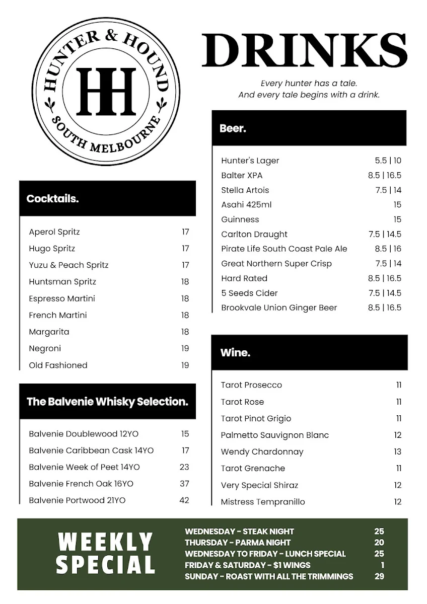 Menu, Hunter and Hound Pub