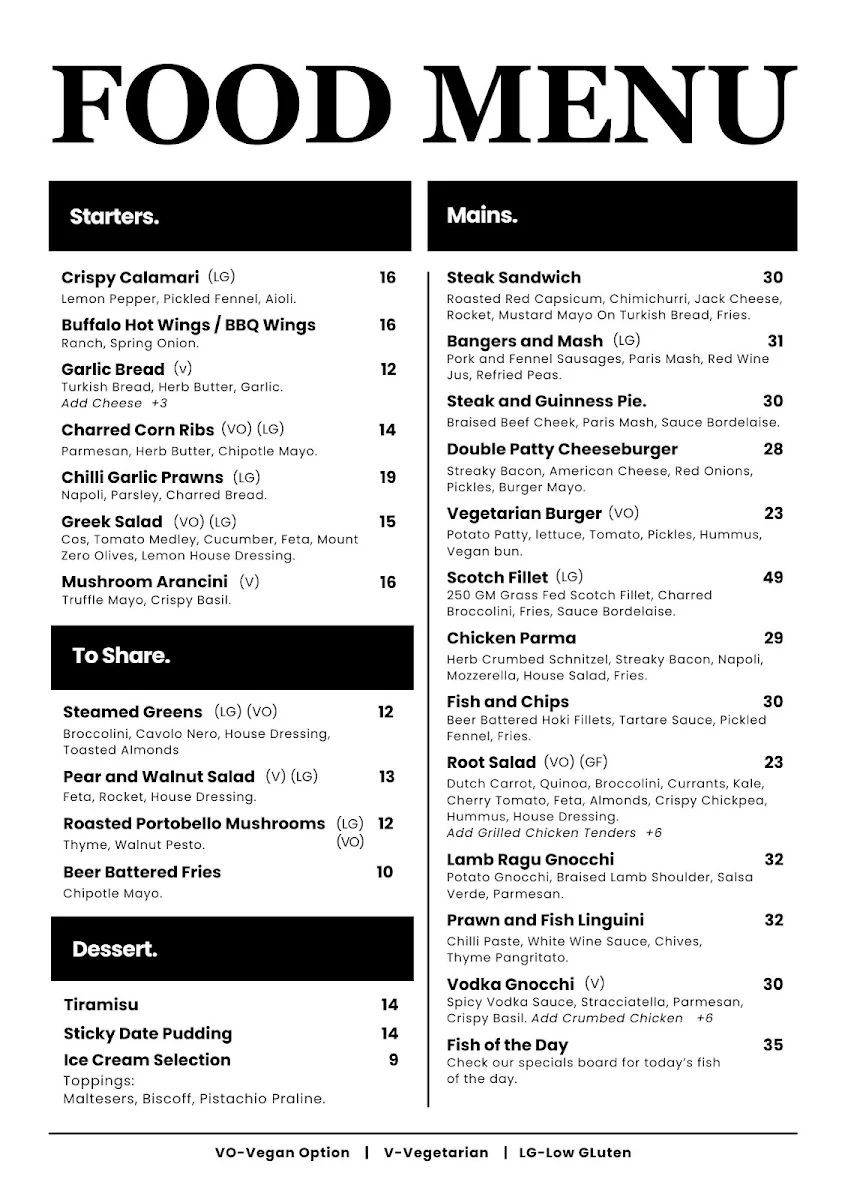 Menu, Hunter and Hound Pub