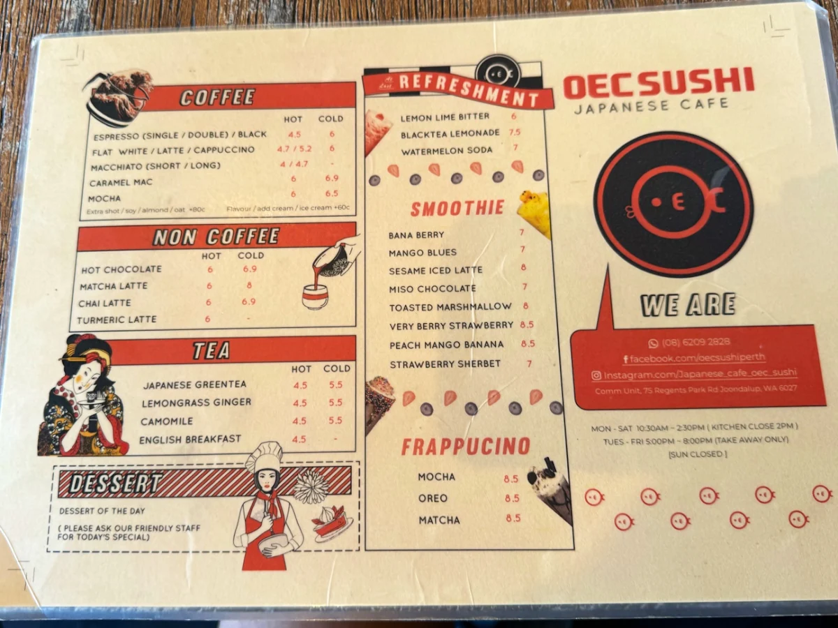 Menu, OEC Sushi
