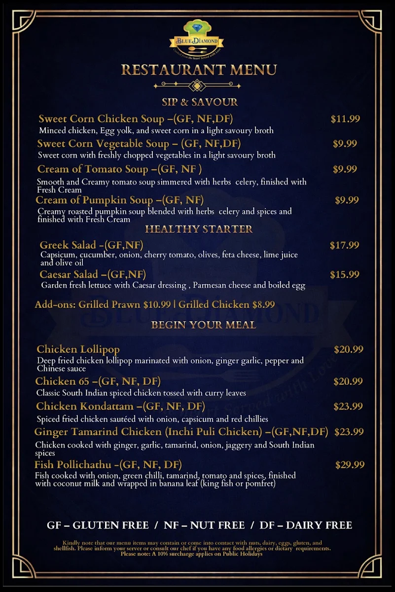 Menu, Blue Diamond Restaurant