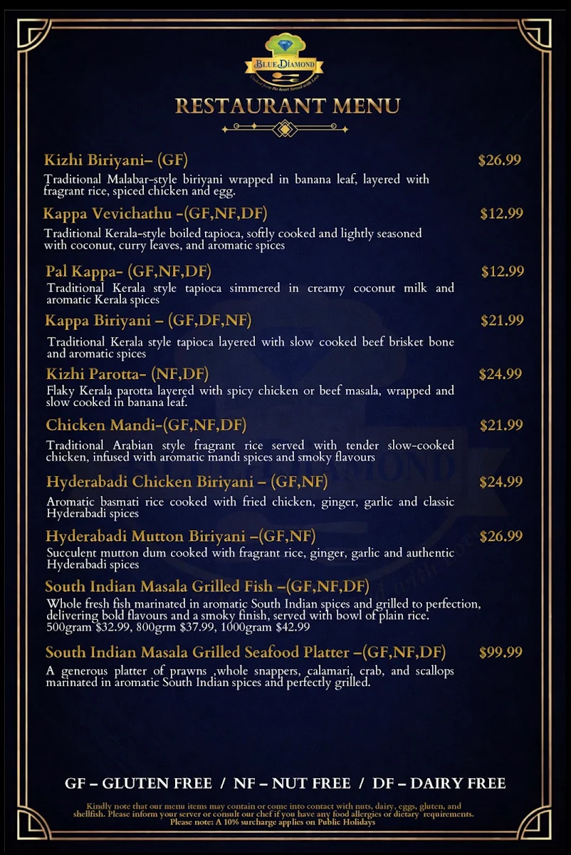 Menu, Blue Diamond Restaurant