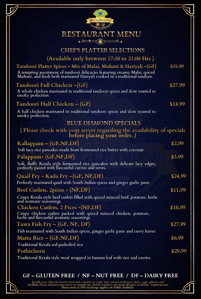 Menu, Blue Diamond Restaurant
