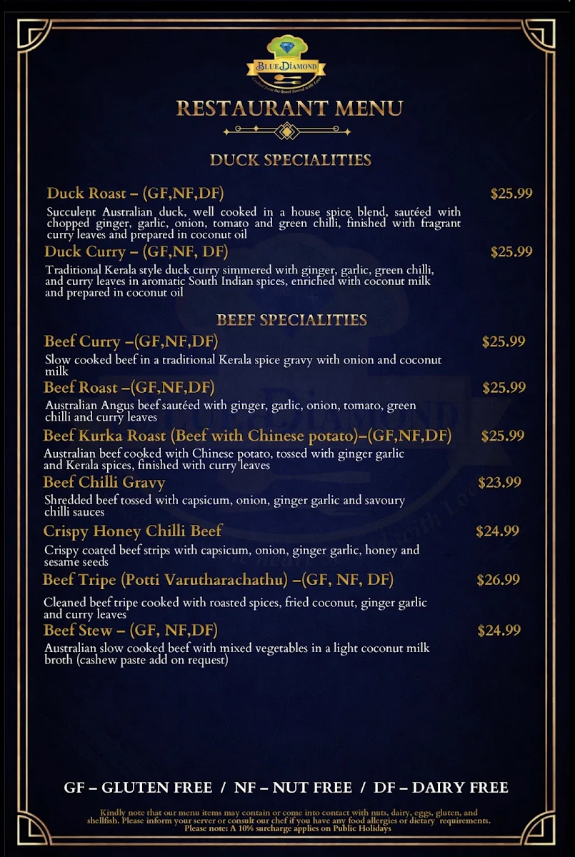 Menu, Blue Diamond Restaurant
