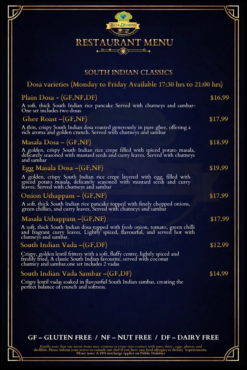 Menu, Blue Diamond Restaurant