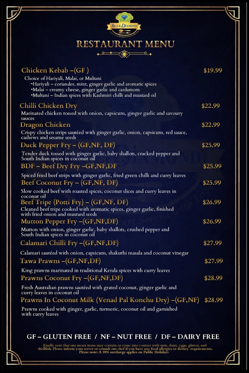 Menu, Blue Diamond Restaurant