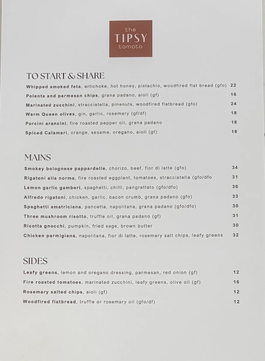 Menu, The Tipsy Tomato