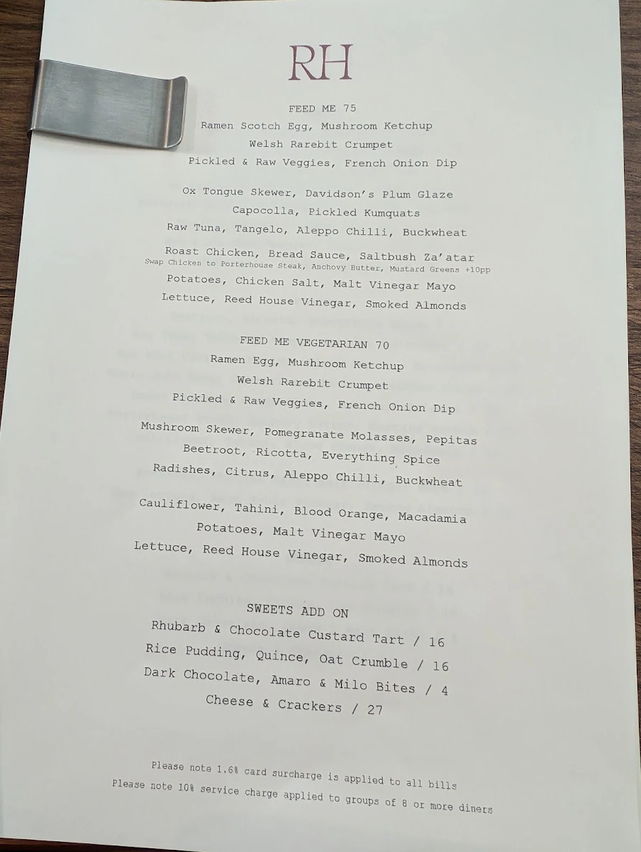 Menu, Reed House